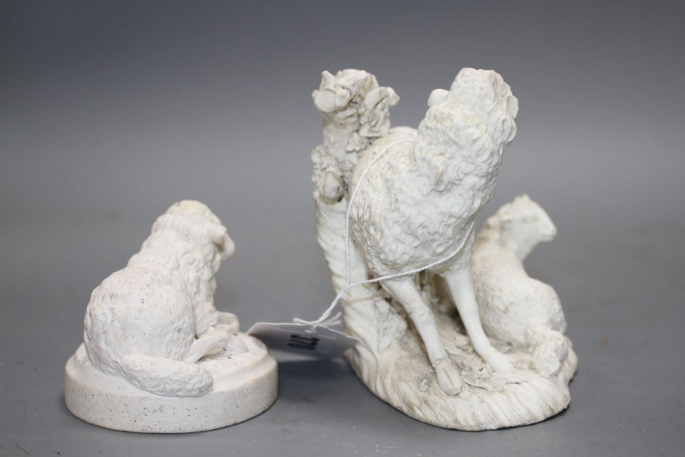 A Derby biscuit porcelain group of a ewe and lamb, late 18th century and a similar figure a recumbent ewe, c.1810-30, H. 11 and 6.5cm